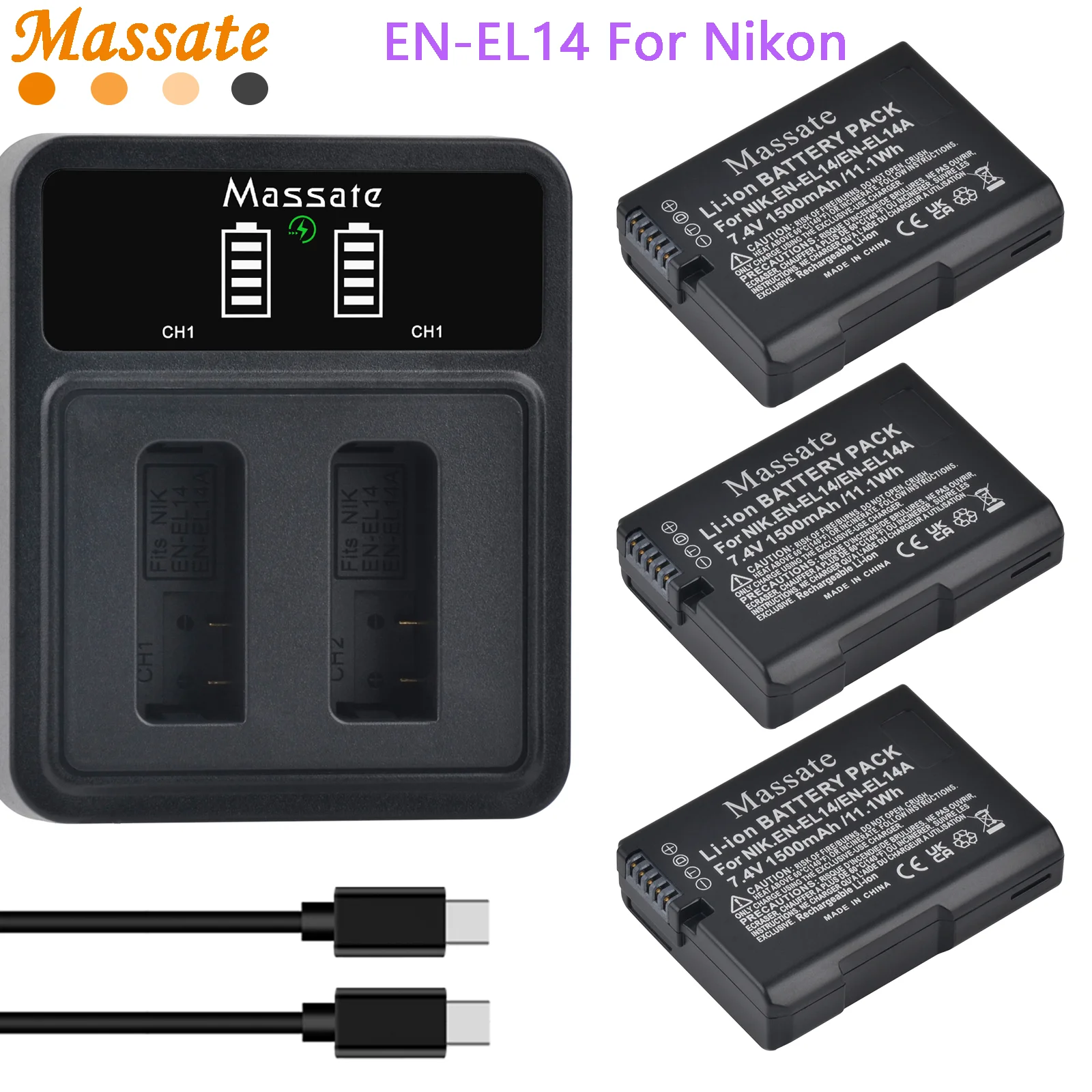 

Massate EN-EL14 ENEL14 EN-EL14A Battery +Fast Dual USB Charger for Nikon D5100 D5200 D5300 P7000 P7700 P7800 D3100 D3200 D3300