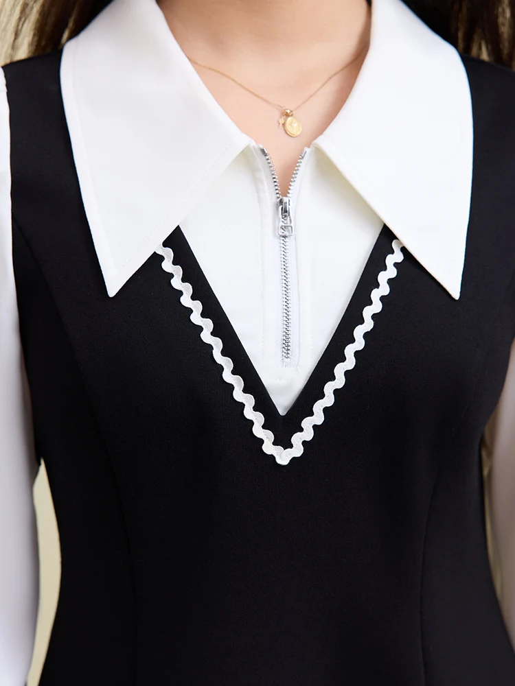 

Large Size Women's Long Sve Dr Bla White Splicing Ele Commute Sle High Waist Autumn Winter New Arrival Single P...