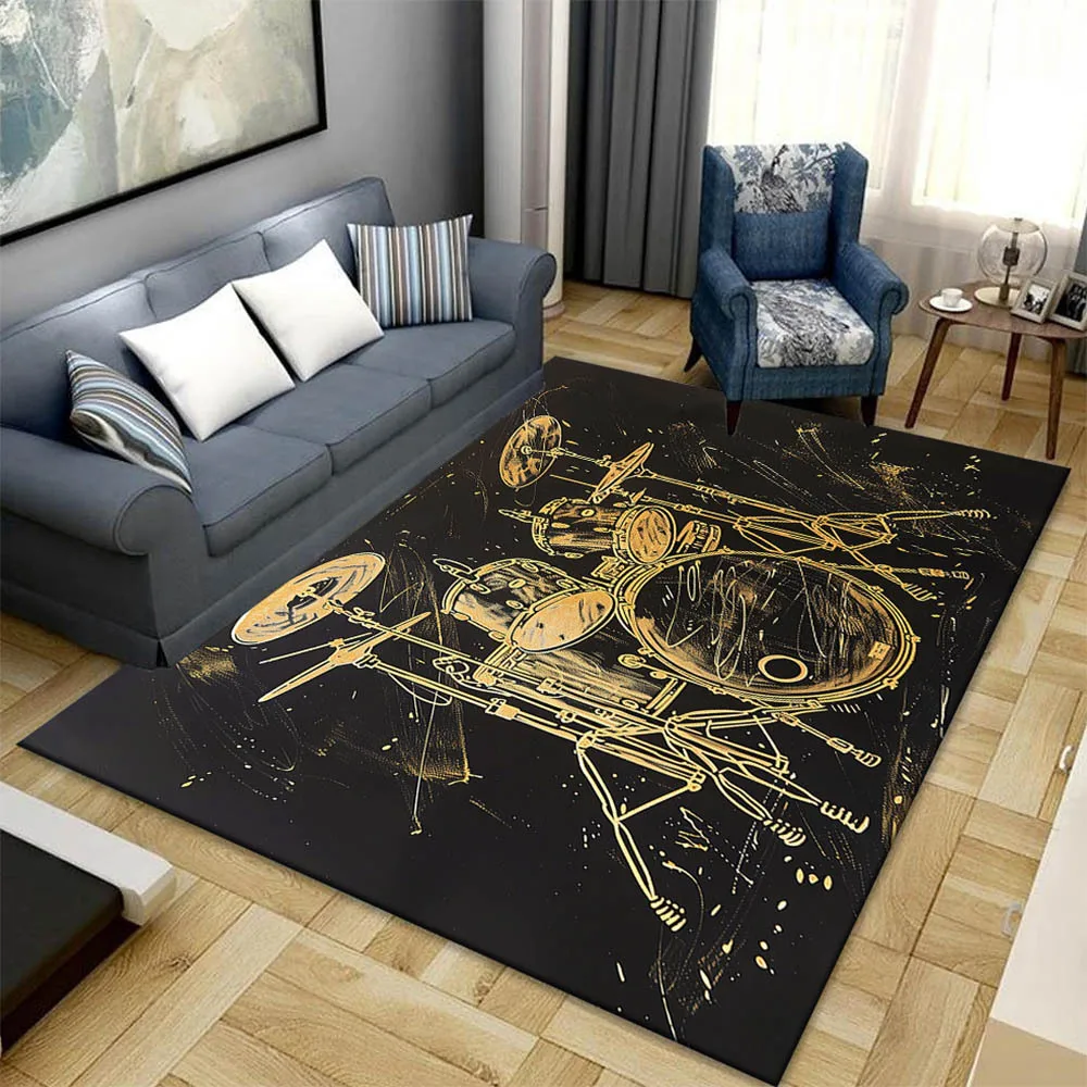 Flannel Printed Drum Set Rug Musical Instrument Design Living Room Carpet Soft Fleece Floor Mat Music Lover Decor Unique Area