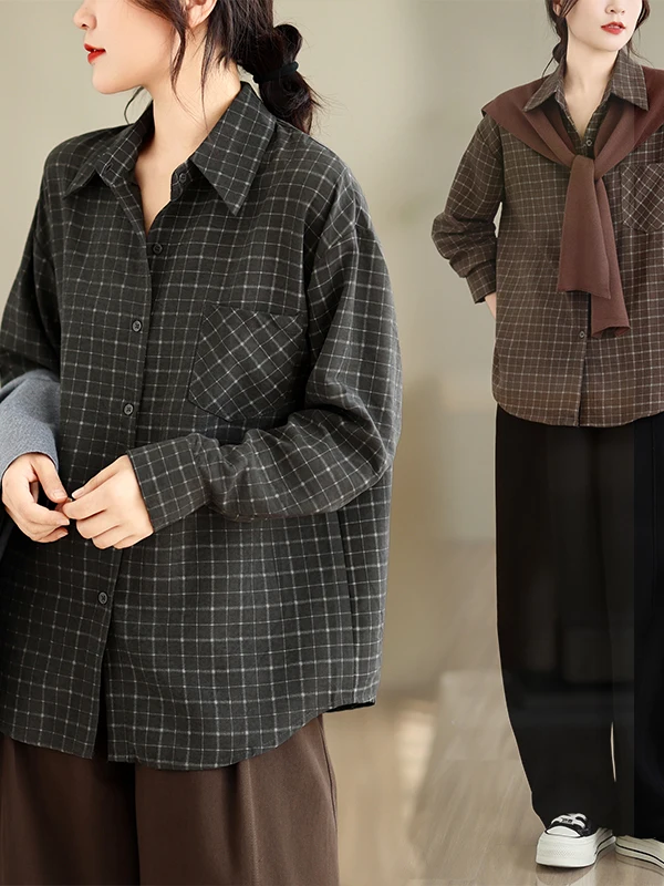 Retro Plaid Long Sleeve Shirt Women's Knitted Wrap Shoulder Top Coffee Color Autumn New Style Casual Fashion Ladies' Blouse