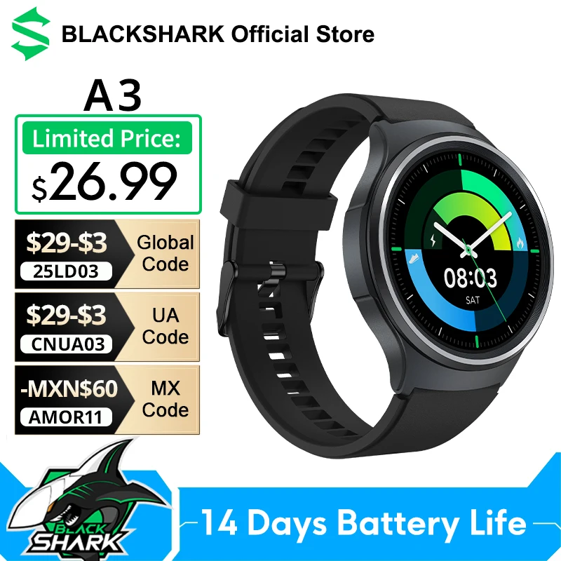 Global Version Black Shark A3 1.53'' Display 14 Days Battery Life 3ATM Health Monitoring Over 120+ Sports Modes 240 Watch Faces