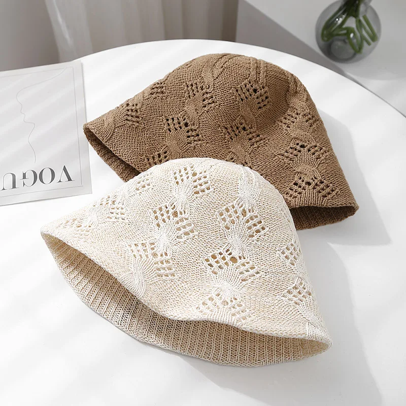 

Spring Summer Women's Bucket Hat Knitted Hollow Fisherman Hat Women Sunshade Sunscreen New Trendy Casual Sun Hat Female