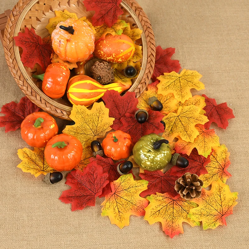 

50pcs/set Artificial Pumpkins Maple Leaves Pine Cone Autumn Harvest Wreath Outdoor Halloween Thanksgiving Fall Wreath Decoration