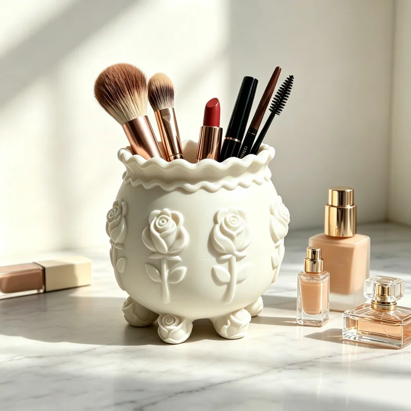 Vintage Three-Dimensional Carved Rose Makeup Brush Holder, White Wavy-Edged Six-Rose Base Storage Container, High Aesthetic Vanity Table Ornament, Girl's Bedroom Decoration