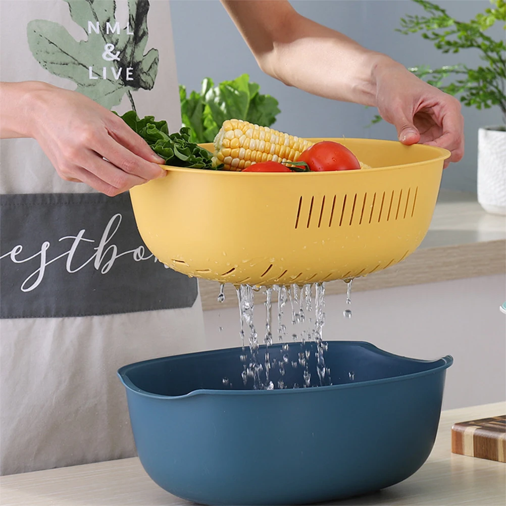 

1pc Plastic Draining Basket Double Layer Vegetable Washing Basin Fruit Strainer Kitchen Sink Organizer Hollow Design Quick