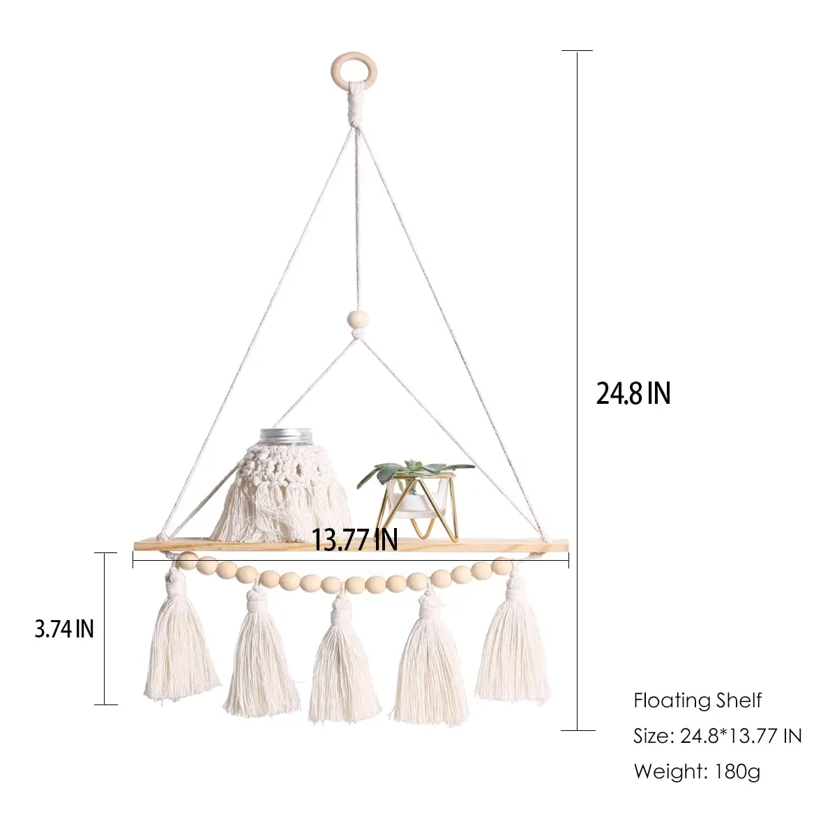 Makramee-Wandregal zum Aufhängen, schwebendes Wandregal, Boho-Heimdekoration, Regale, Wand, Holzdekoration für Schlafzimmer, Wohnzimmer, Kinderzimmer, Geschenk – Detail 12