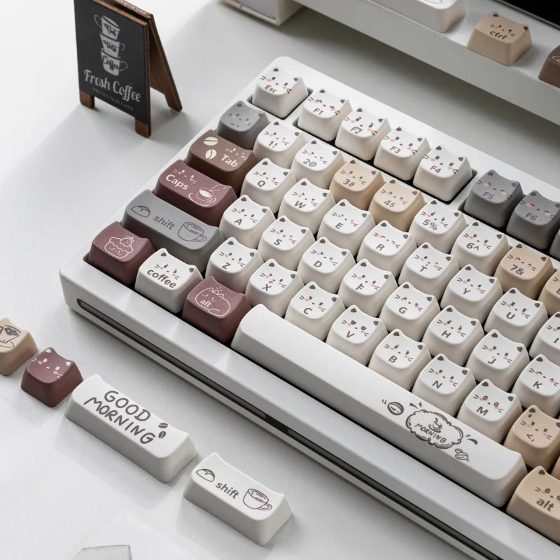 

PBT Keycaps 129 Keys Cute Keycaps Dye-Sublimation Coffee Cat Keycap Mao Profile Custom Keycap for MX Swithes Mechanical Keyboard