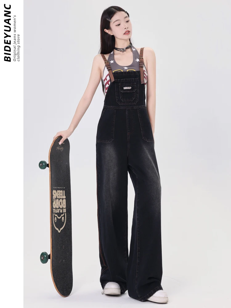 American Sle Denim-Overall für Damen, Übergröße, lockeres, weites Bein, schlankmachende Arbeitskleidung, Overall, hohe Taille, lang, Baumwolle, Polyester