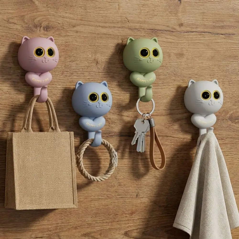Sticky Hooks Plastic Cat Blink Eyes Hook Free Punching Wall Hanging Animal Shape Hook Decorative Cute Key Holder Bathroom