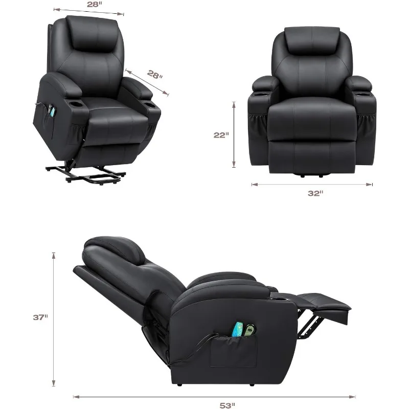 Lift Recliner Chair for Elderly Reclining Sofa for Living Room with Massage and Heat, Side Pockets and Cup Holders (Leather