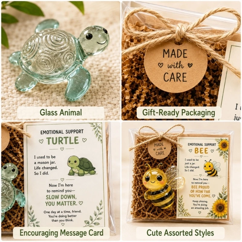 Desk Styling Piece, Miniature Glass Animal Figure with Encouragement Card and Light Catching Detail for Shelves JOMD