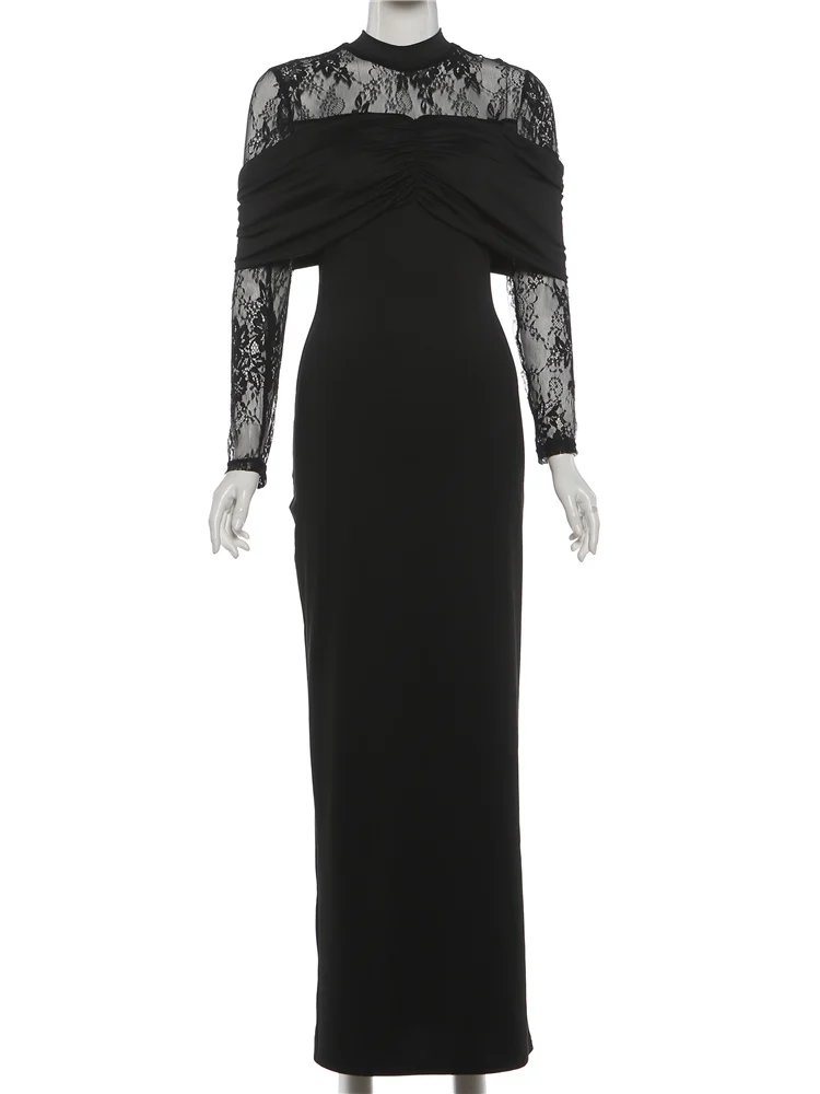 Sukienka wieczorowa Nibber na studniówkę, długa, damska, z koronkowymi wstawkami, dekolt okrągły, długi rękaw, dopasowana, marszczona, z wysokim stanem, elegancka suknia na północ, vestidos.