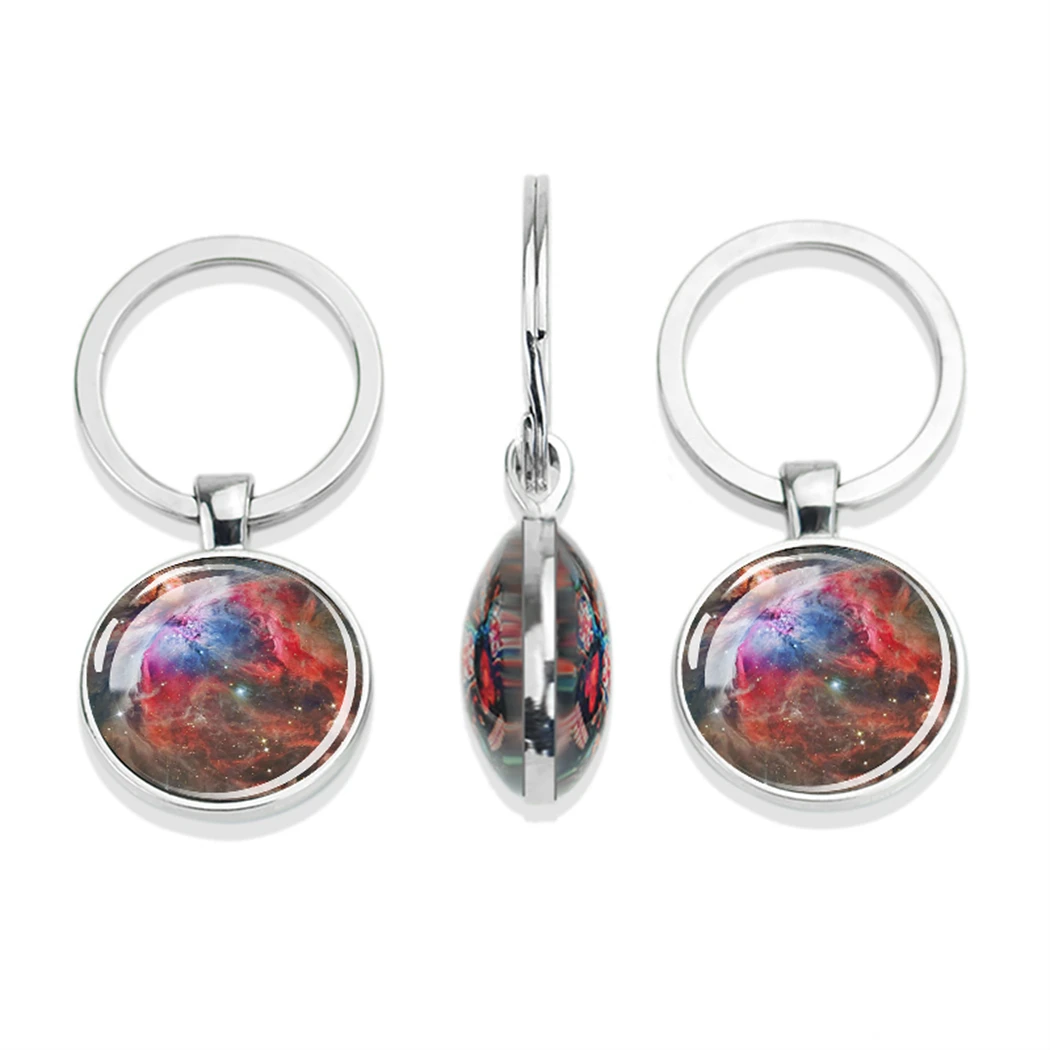 Cosmic Landscape Pattern Keychain Outer Space Nebula Meteor Celestial Body Double Sided Glass Dome Pendant Silver Colour Gift