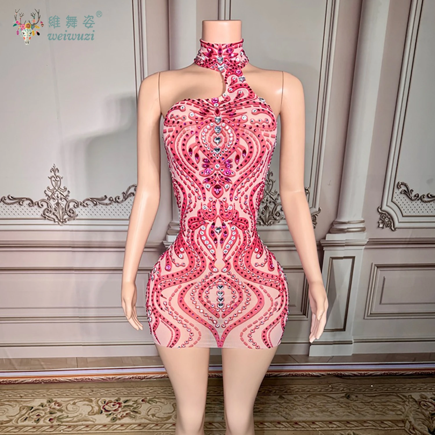 

New Sexy Pink Haute Couture Rhinestone Hanging Neck Bare Back Party Evening Dress Y2K Style Birthday Party Casual Party Dress