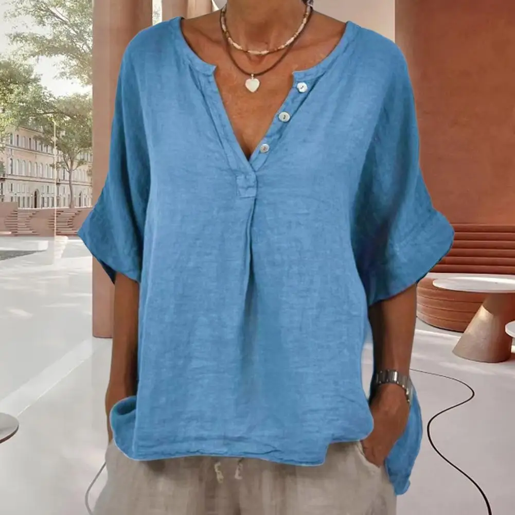 

Casual Women Cotton Linen Shirt Elastic Women Top Breathable Cotton Linen Women's V-neck Shirt with Half Placket Loose Fit Tops