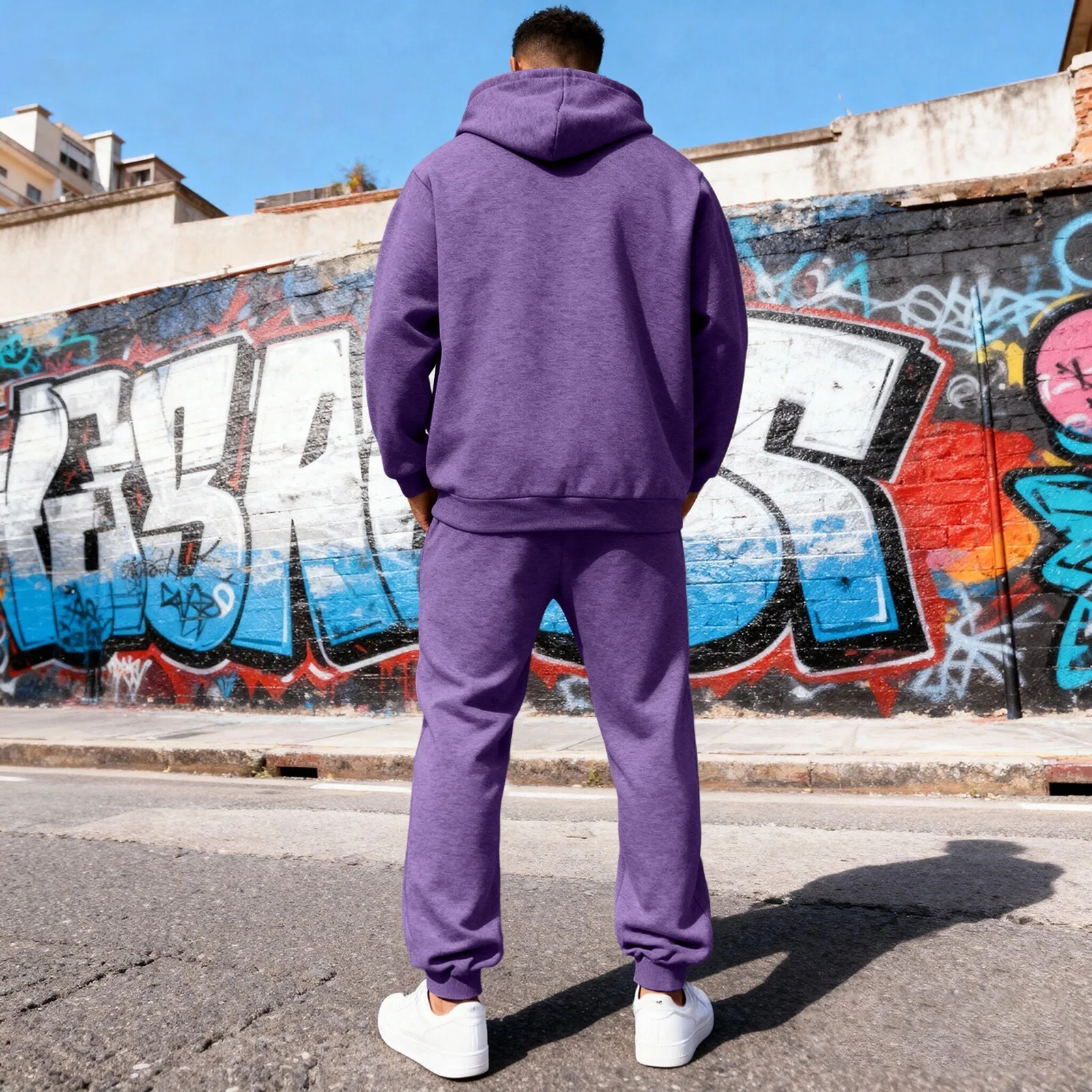 بدلة رياضية رجالية مبطنة بالصوف الحراري مكونة من قطعتين، سويت شيرت بقلنسوة، سترة ركض كاجوال للشتاء في الهواء الطلق بلون واحد #3