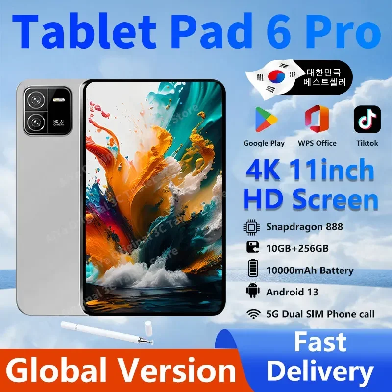 2024 글로벌 오리지널 Xioa HD 4K Pad 6 Pro 10000mAh 10GB+256GB 안드로이드 13 11형 태블릿 GPS 5G SD 카드 SD Card Bluetooth WiFi Mi Tab