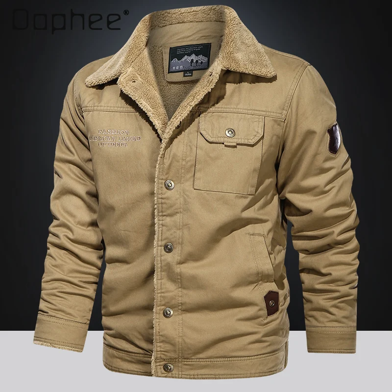 

Осень-зима, мужская свободная утолщенная армейская зеленая куртка цвета хаки на флисовой подкладке с отложным воротником, темно-синяя зеленая куртка-бомбер