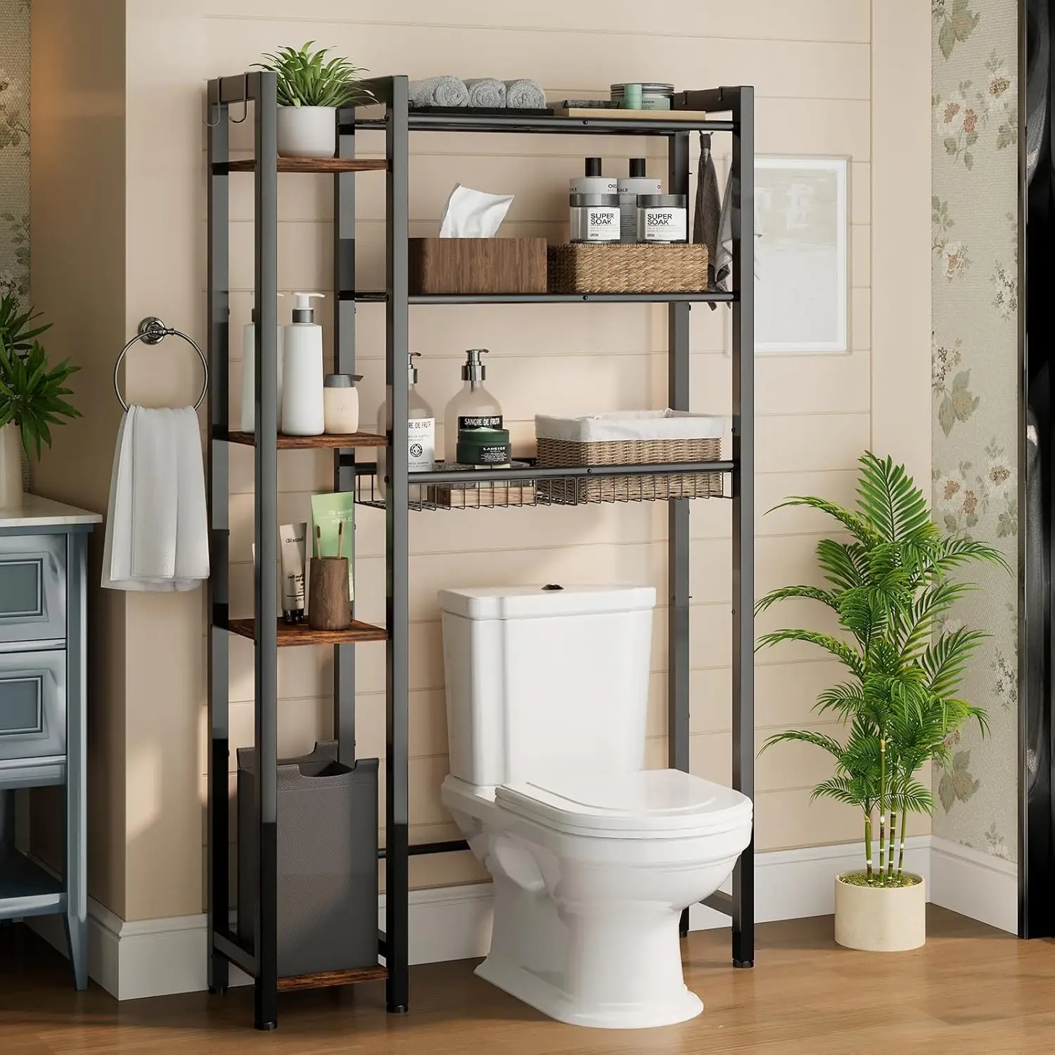 

7-Tier Over The Toilet Storage with Side Rack, Adjustable Shelf & Drain Basket, 4 Hooks, Freestanding Bathroom Organizer for