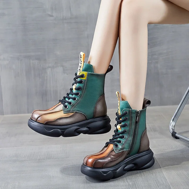 Koznoy Ankle Boots Leather Brown 5cm Genuine Platform Autumn Spring Mid Calf Motorcycle Booties Mixed Color Women Ethnic Shoes