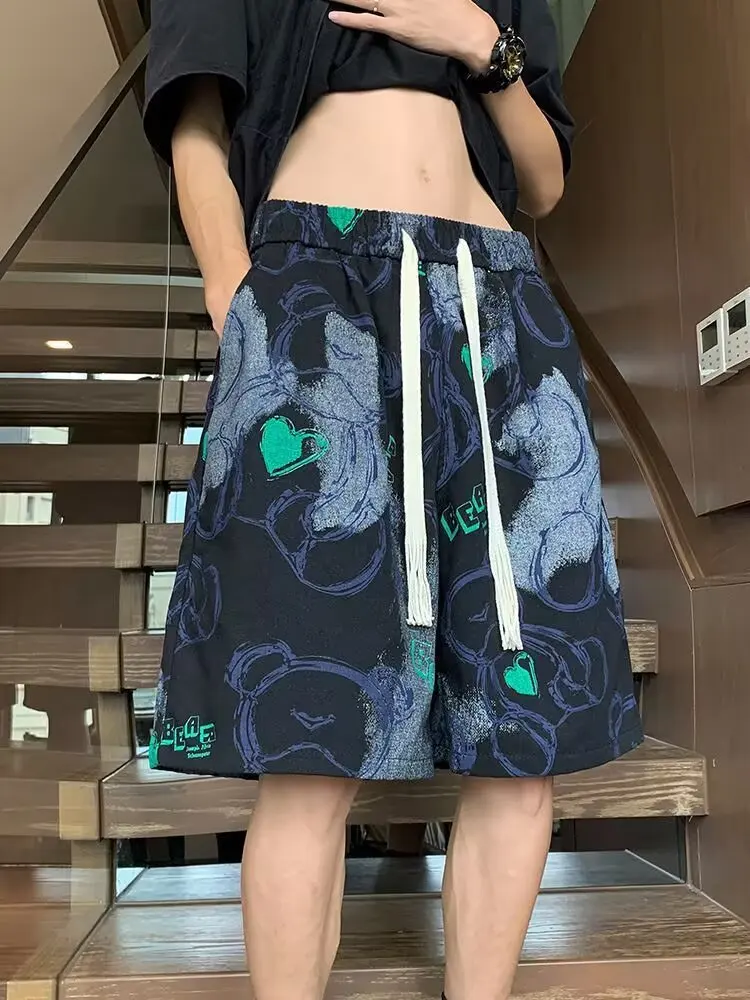 

Cool Bear Print High Street Oversize Basketball Charm Shorts Men's Drawstring Black Summer Korean Wide Leg Casual Gothic Shorts