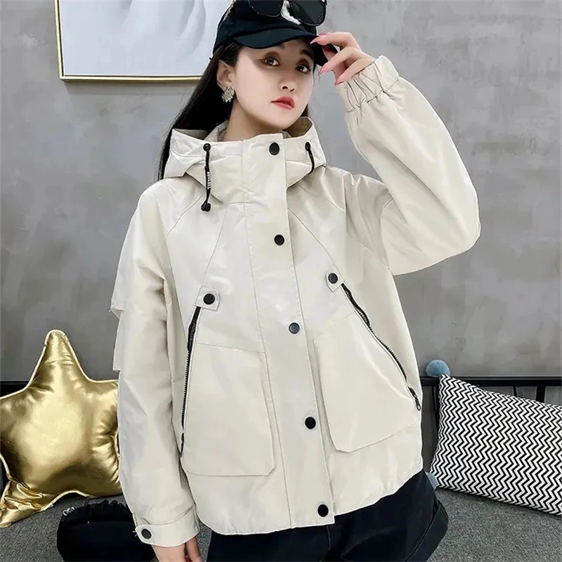 Veste courte à capuche pour femme, manteau coupe-vent, pardessus décontracté, extérieur, tempérament féminin, tendance, automne, nouveau, 2023