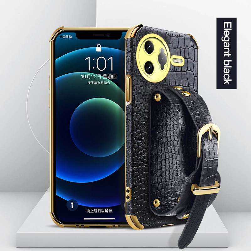 

Wristband Wrist Strap Crocodile PU Leather Phone Case for Poco F5 F7 Ultra F6 Pro F3 F4 GT Anti-Drop Stand Cover Silicone Cases