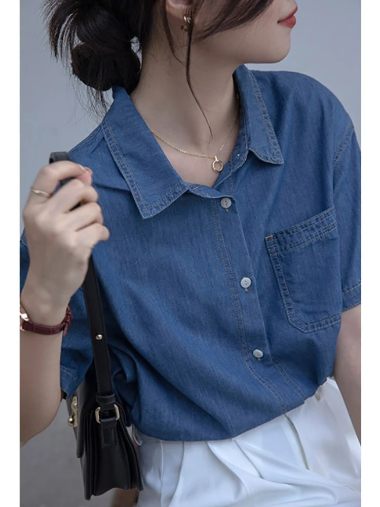 

Синий ort Sve Denim irt, женский легкий летний новый повседневный универсальный хлопковый топ в Корейском стиле, однотонный, для поездок на работу