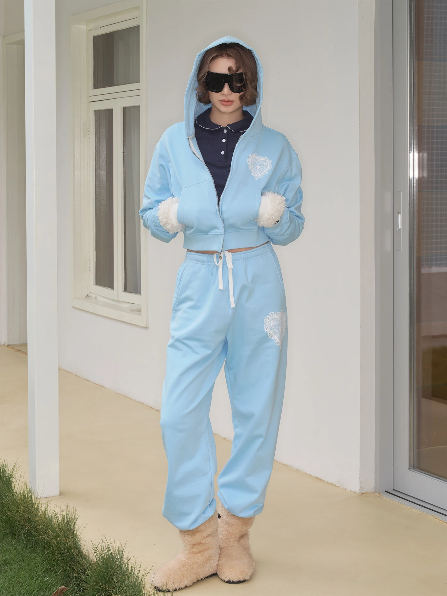 

SoirReverie25AW Baby Blue Lace Print Fce Lined Hooded Jaet Casual Sle Cotton ort Coat for Women with Zipper Closure