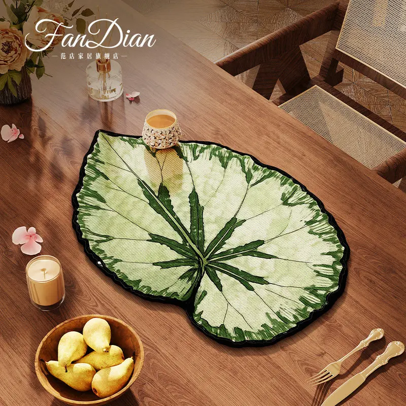 VIKAMA Large Green Leaf Irregular Placemat Plant Print Waterproof Non Slip Heat Resistant Dining Table Counter Pad Kitchen Mat