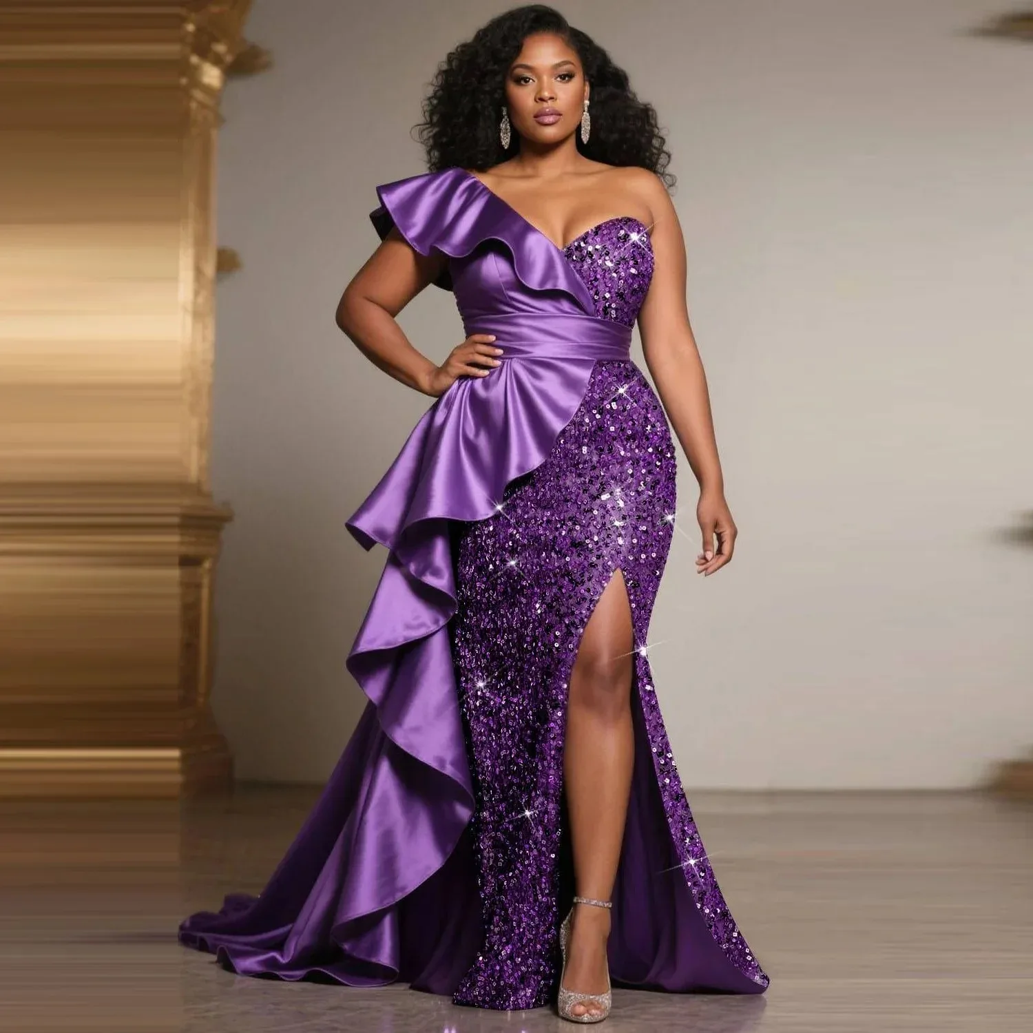 Customized Purple Sequin Satin Mix Evening Dress One Shoulder Ruffle High Slit Sweep Train Plus Size African Prom Party Gown