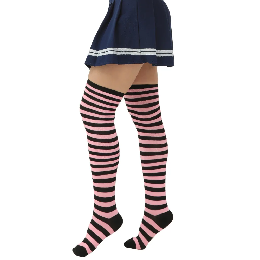 3Pair High Quality Cheap Cosplay Long Girls Women Stripe Thigh Over Socks Polyester Cotton Rainbow Sexy Striped Knee High Socks