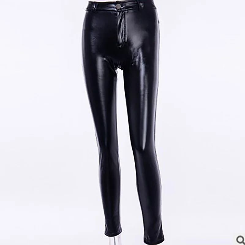 Qisin Adult Punk Goth Push Up Hip Shape Leggings Slim Sexy Bodycon Skinny Pencil Pants Club PU Patent Leather Trouser For Women