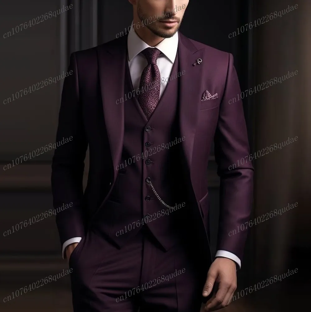 Formal Dark Purple Men Suit Wedding Party Groom Suits Groomsman Male Tuxedos Bridegroom Costume 3 Piece Set Jacket Vest Pant