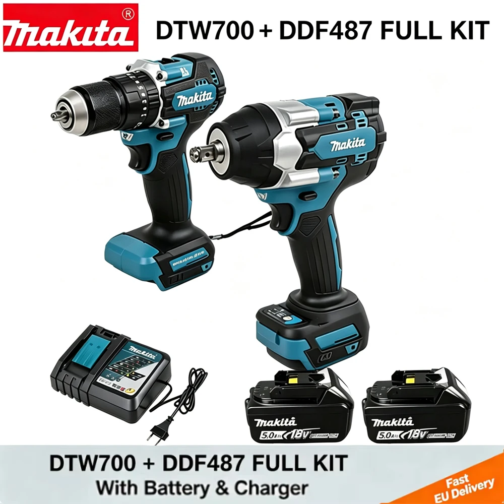 Makita 18V Akku DTW700 Schlagschrauber DDF487 Bohrschrauber-Kombi-Set mit 18V Akku und Ladegerät Elektrowerkzeug-Set