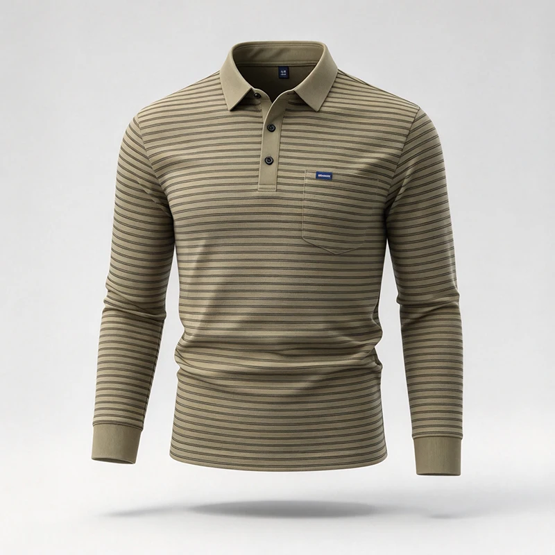 Herren-Polohemd mit langen Ärmeln und Brusttasche, gestreift, lässiger Business-Look, Herbst, Alltag, weich, atmungsaktiv, Herrenbekleidung. – Detail 5