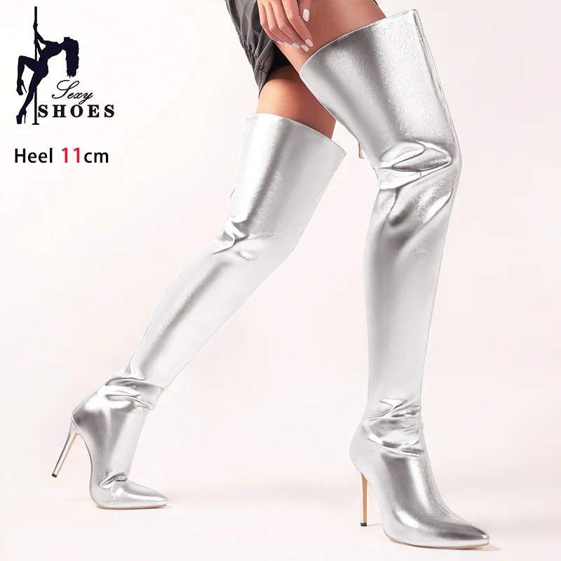 Fashion Thigh Boots Women Sexy Pointed Over-the-knee Nightclub Heels Back Zip Model Performance Shoes Plus Size 46 Female Boots