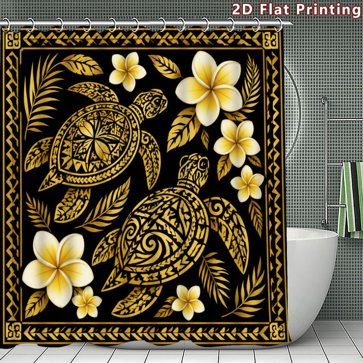 Premium Gold Tropical Turtle Design Boho Shower Curtain Waterproof Polyester Bath Liner Luxury Nautical Beach Home Decor Gift