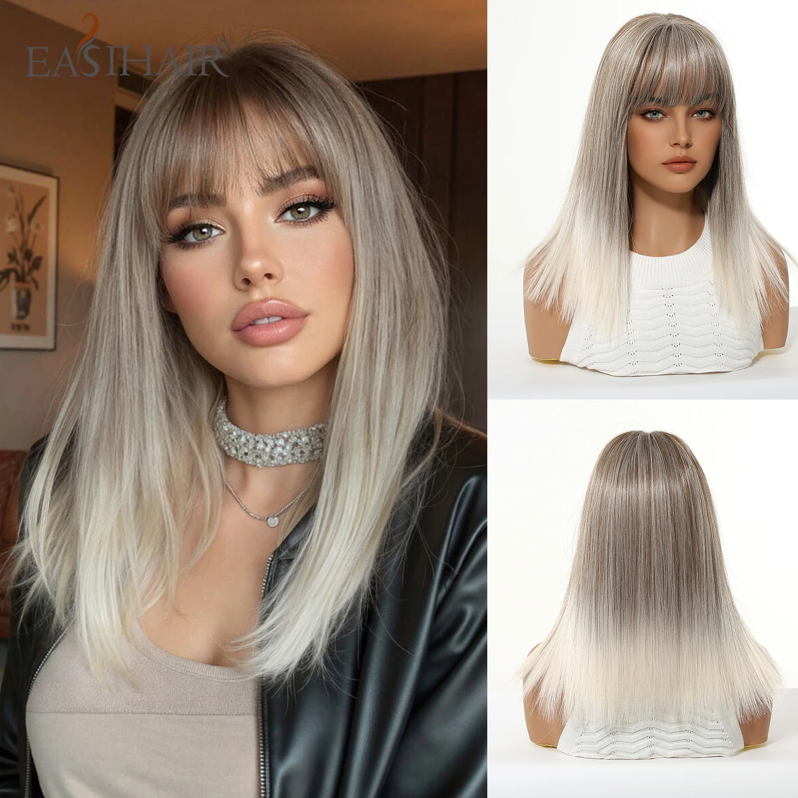 EASIHAIR グレーホワイトオンブル合成かつら前髪付きミディアムレングスストレートヘアウィッグ女性のための日常使用コスプレ耐熱
