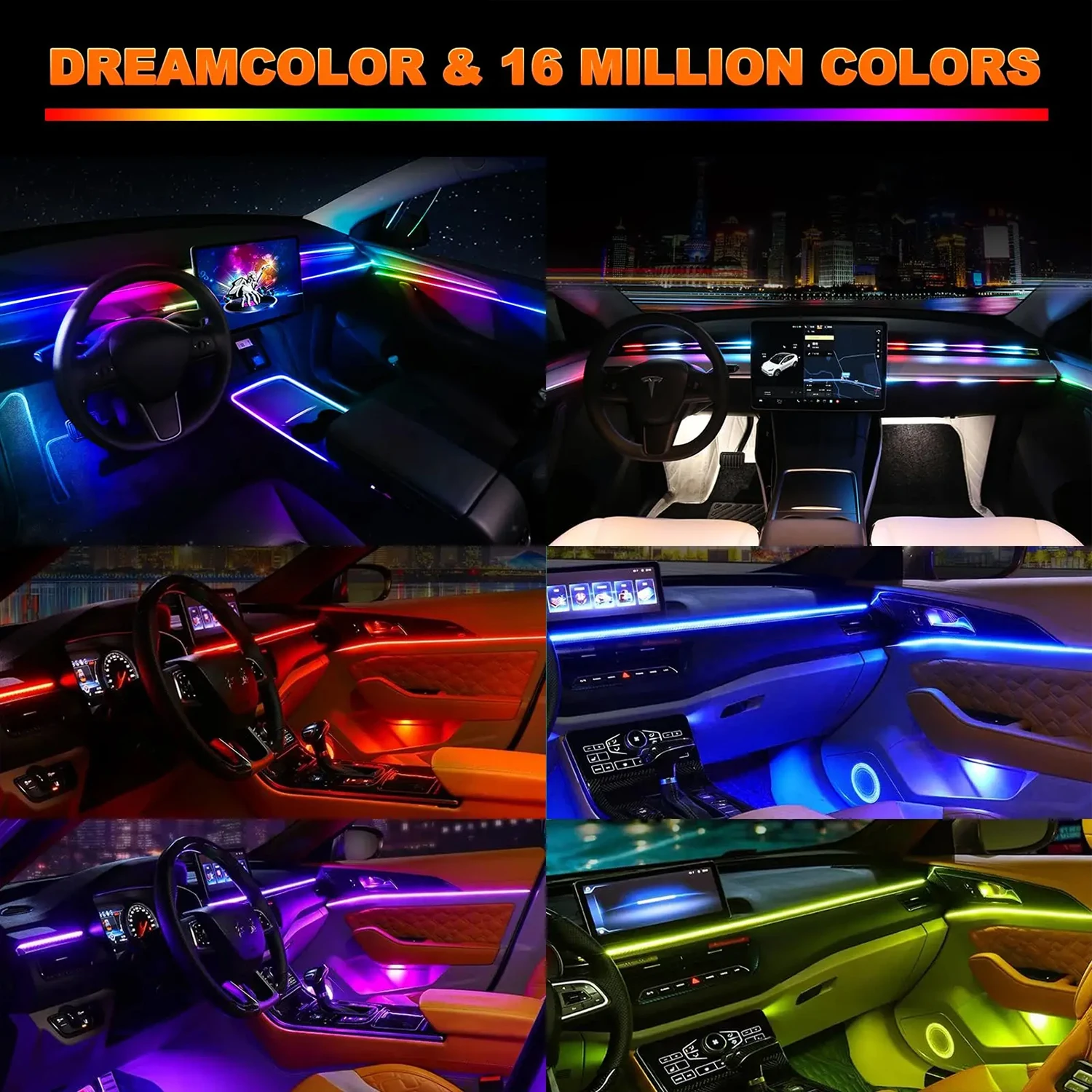 Car Ambient Acrylic Colorful Lamp Strip 64 RGB LED Auto Interior Accessories App Neon Remote Control Atmosphere Lights 22in1