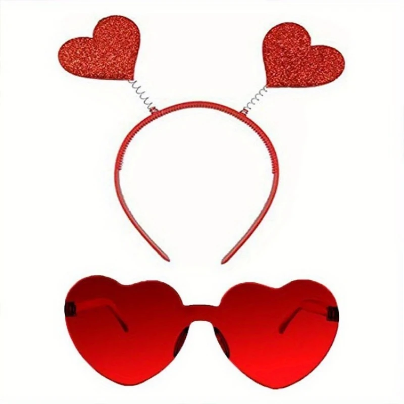 2 Pcs Valentine's Day Heart Glitter Headband + Red Heart Glasses Set, Party Photo Prop Costume Accessory for Couples