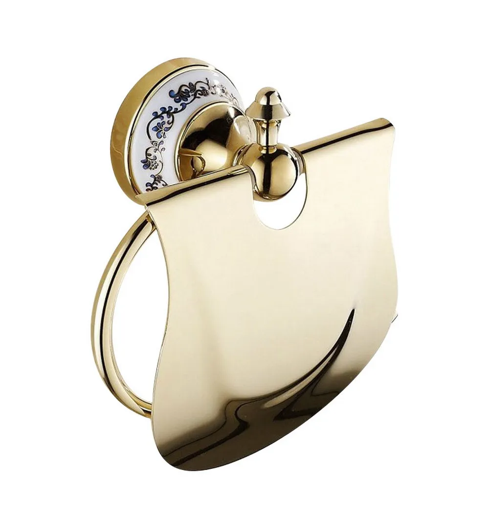 Bathroom Accessories Polished Golden Brass Ceramic Flower Pattern Wall Mounted Toilet Paper Roll Holder  aba251