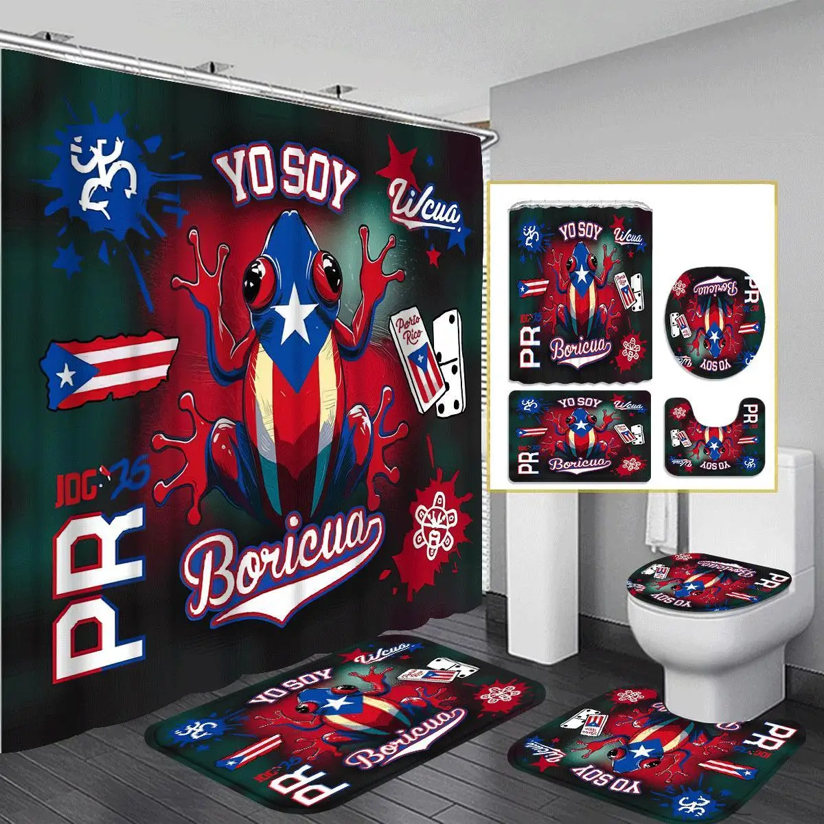 

2D Flat, 2D Flat Print, Puerto Rico Shower Curtain Set, Fashionable Bathroom Decor Set Includes 12 Hooks, Non-Slip Mat, U-Shaped