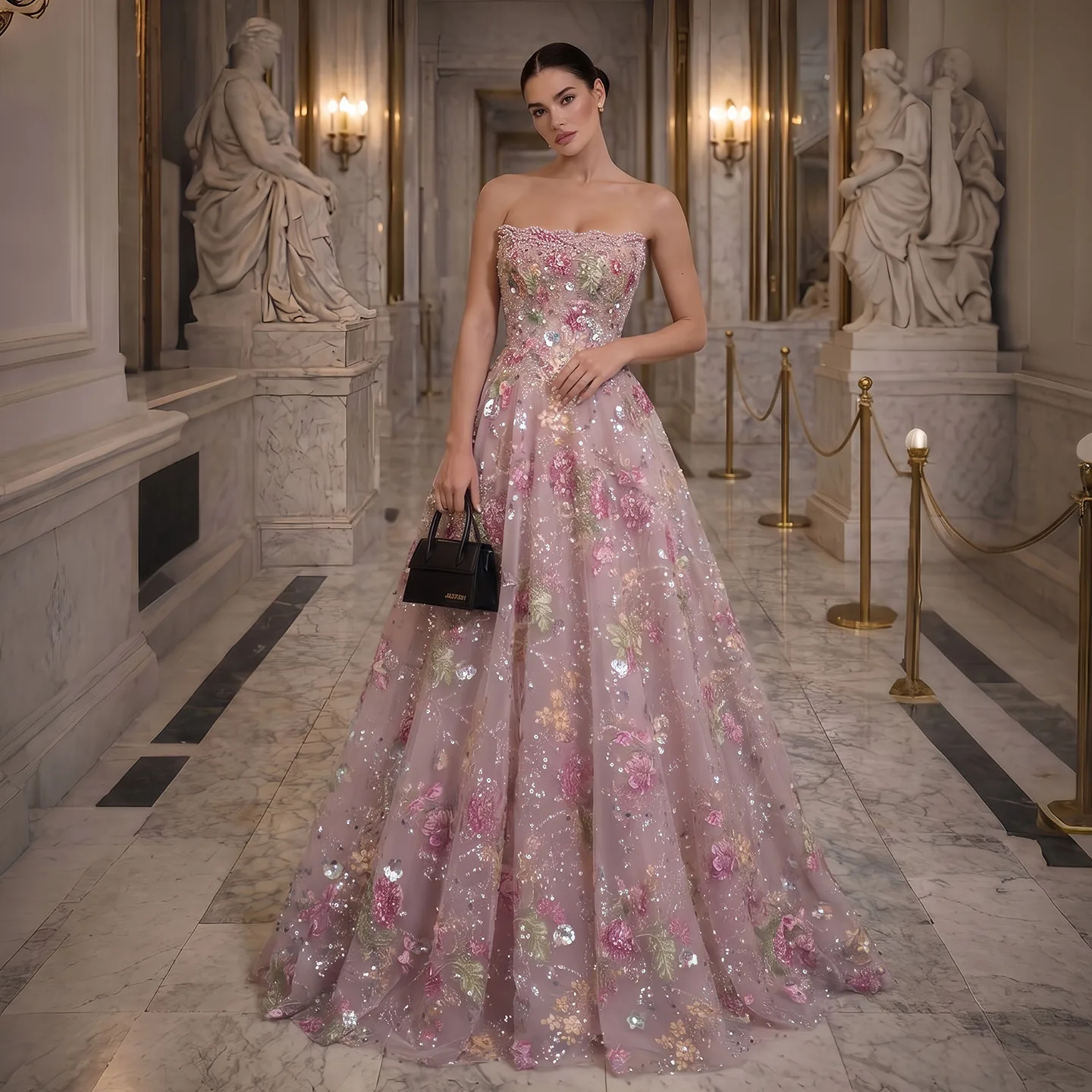 Sharon Said Luxury Pink Floral Embroidered A-Line Evening Dress Strapless with Pearl Sequins Party Gowns for Women SS460 Custom