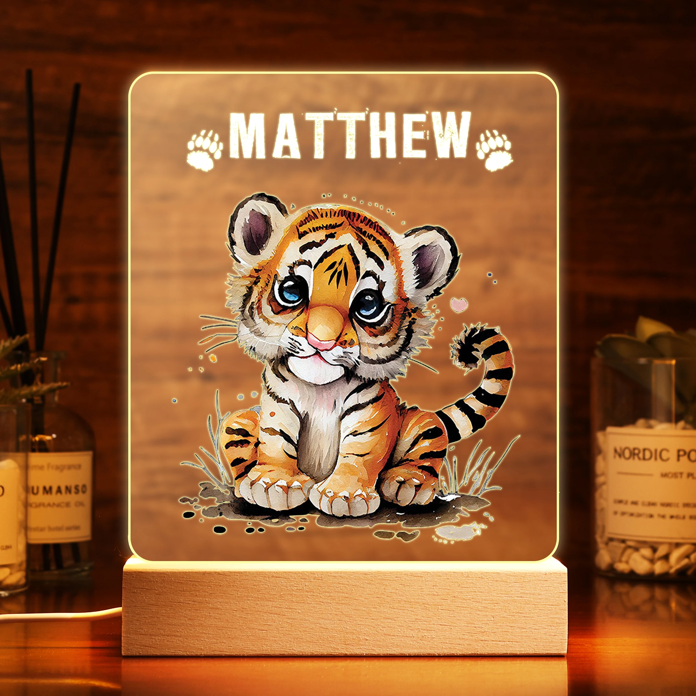 Personalized Animal Night Light Custom Name Baby Acrylic Lamp Wood Base Newborn Kid Gift Children Bedroom Decor Tiger