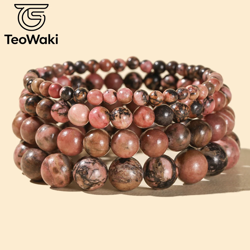 TeoWaki Black Lace Rhodonite Bracelet For Men Reclaim Your Edge Confidence Natural Stone Stretch Healing Bracelets Gift Jewelry