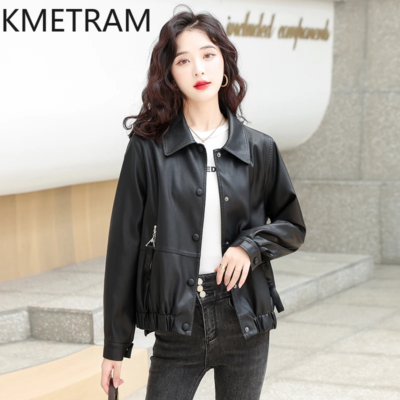  KMETRAM Real Sheepskin Leather Jacket Women New Spring Autumn Women's Clothing Short Korean Coats Slim Fit 2024 Jaqueta Couro