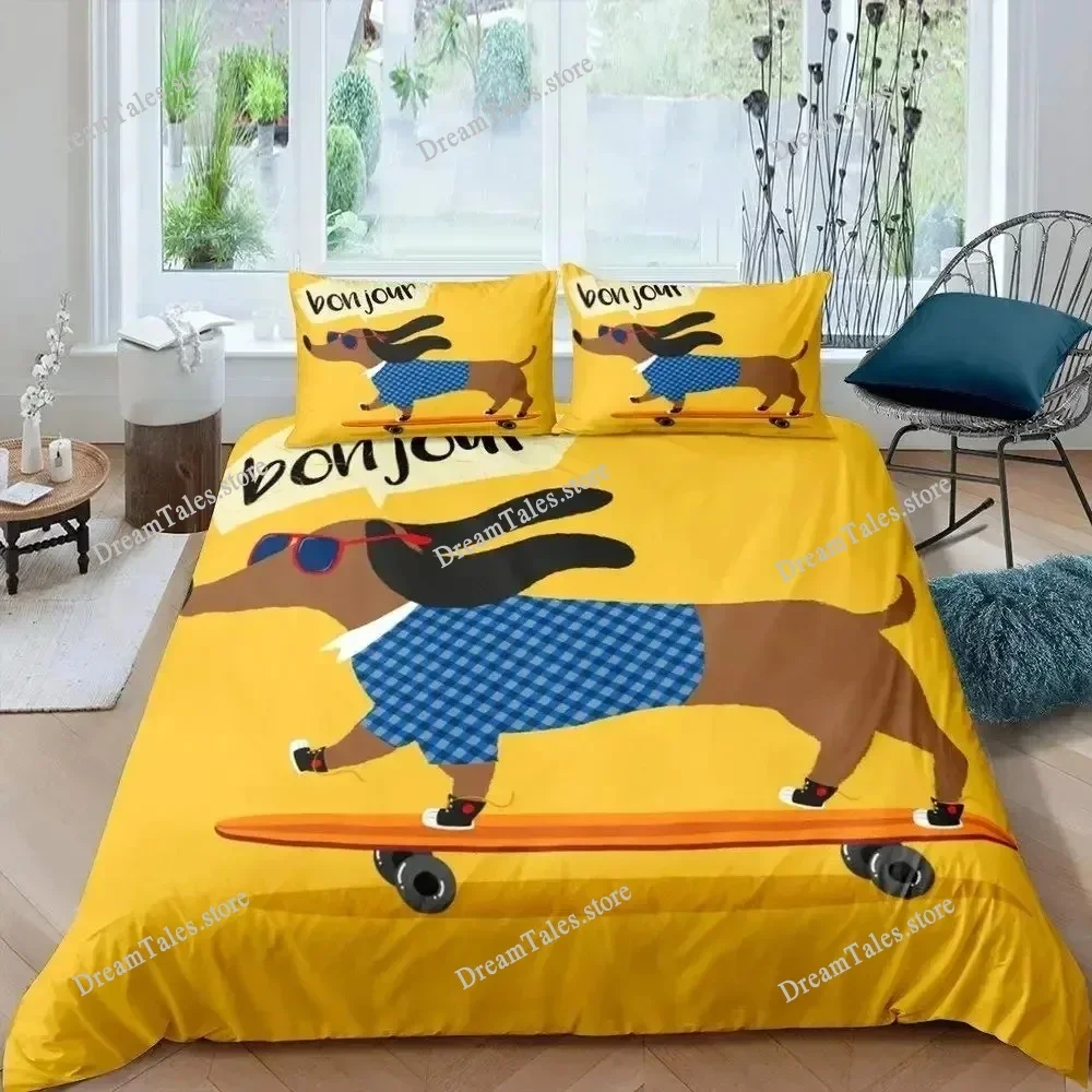 Dachshund Sausage Duvet Cover Set Cartoon Puppy Dog Bedding Set Toddler Weiner Dog Comforter Cover Dachshund Dog Bedspread Cover