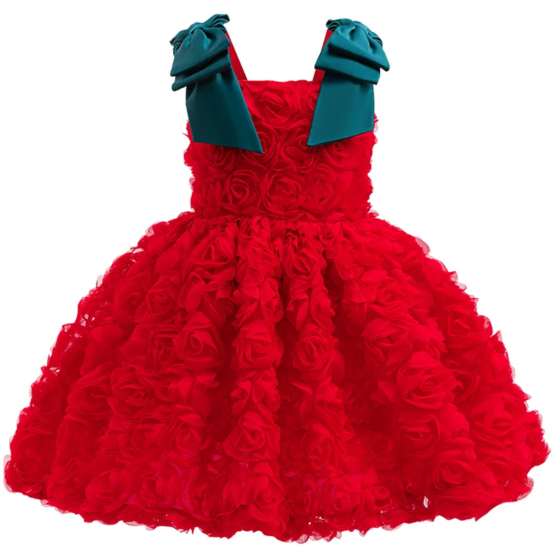 Gorgeous Elegant Girls Wedding Dress Red Floral Tutu Formal Christmas Ball Evening Dress Girls Clothes