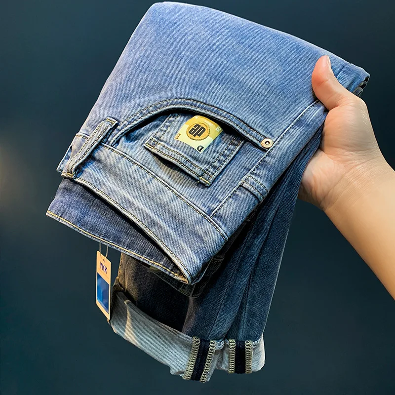 Sommer dünne Jeans Herren modische Slim Fit knöchel lange hellblaue koreanische Straße modische High-End-Freizeit hose